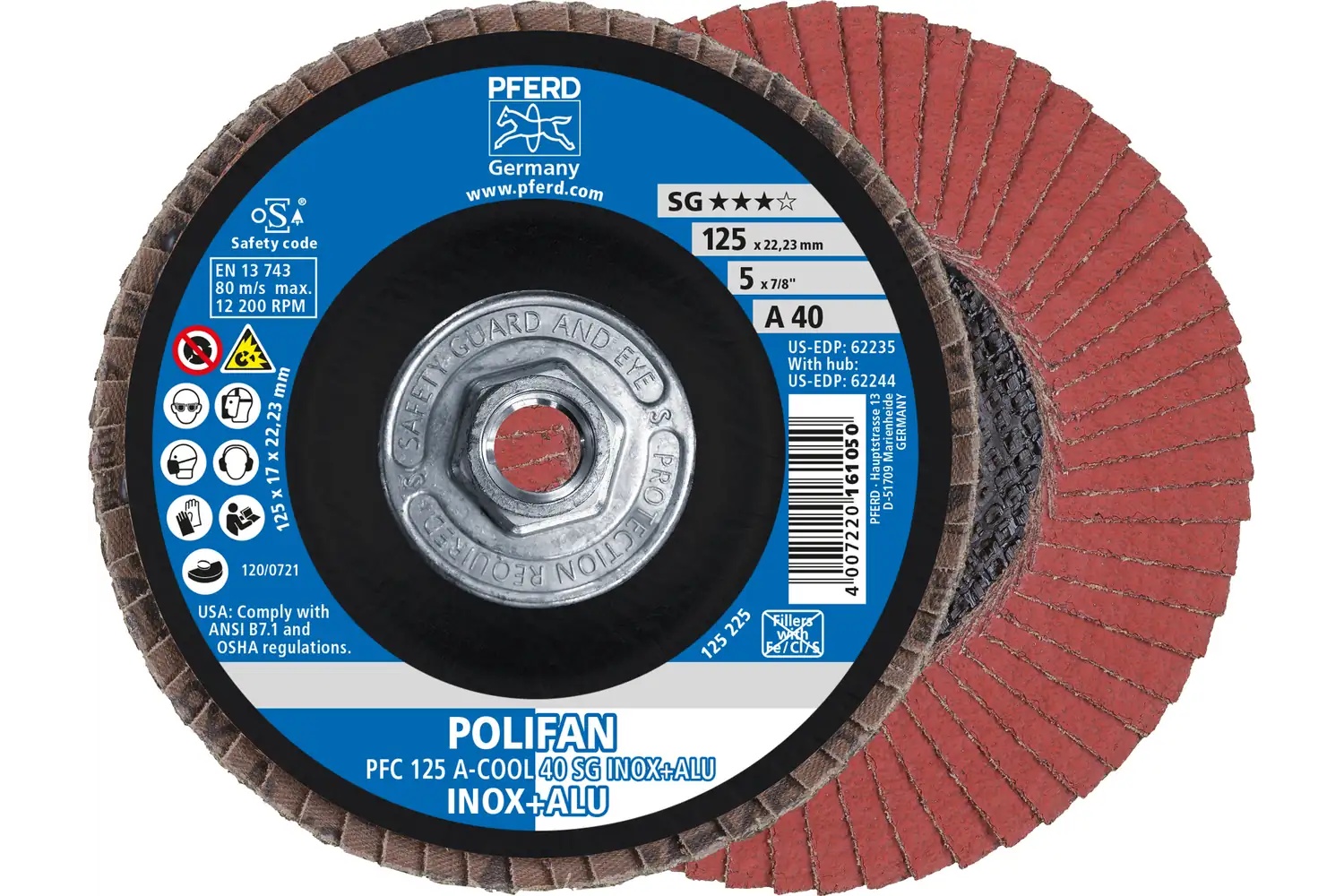 Picture of Pferd Flap Disc, 5" x 5/8-11, A-Cool SG Inox+ALU, 40 Grit, T29, Conical, Aluminum oxide
